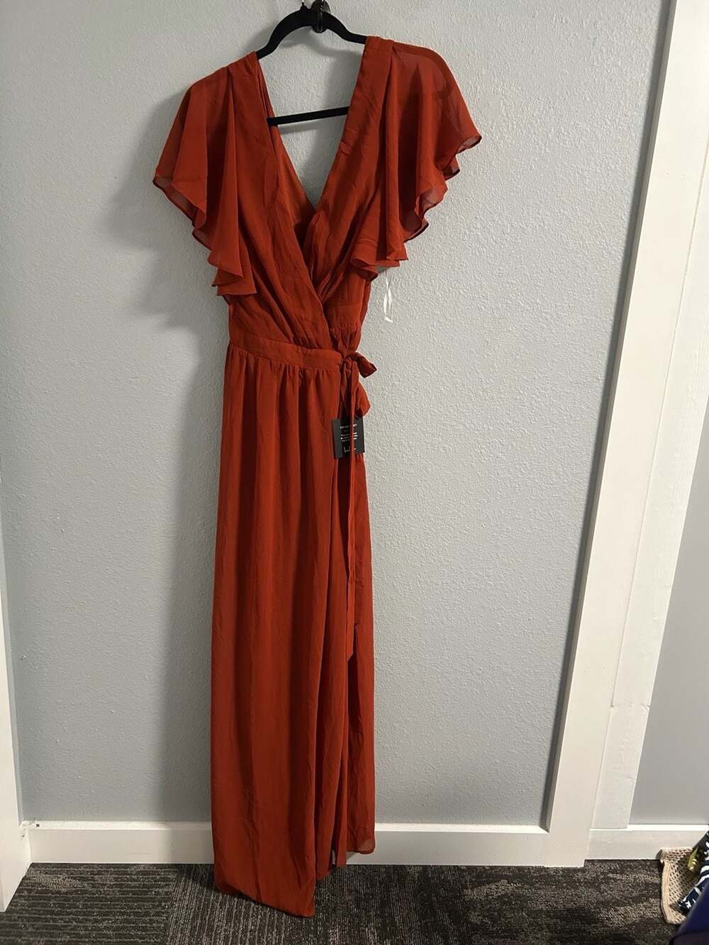Lulus Rust Orange Chiffon Flutter Sleeve Wrap Maxi Dress Size M